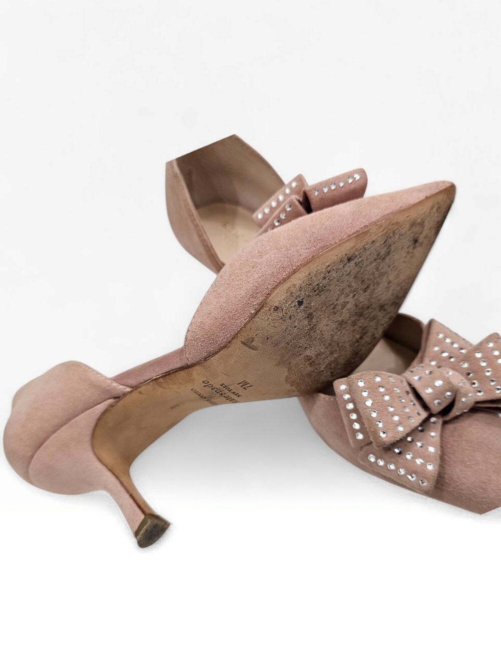 KATE SPADE Sterling Blush Pink Suede D'Orsay Rhinestone Bow Pointed Toe Pumps 7M - Picture 10 of 11